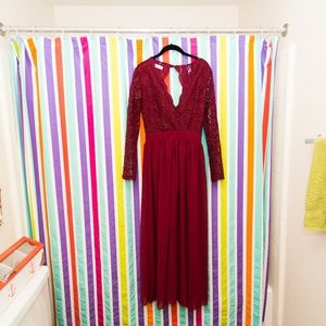 Deep V Neck Floral Lace Long Sleeve Maxi Dress